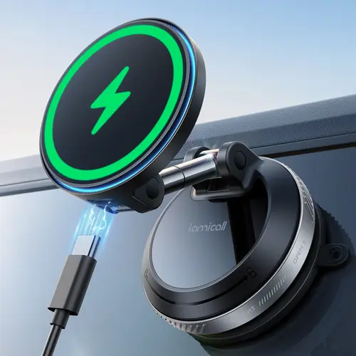 Lamicall MagSafe Car Mount Charger - Lightweight Phone Holder for Car, Dual USB-C Ports, Suction Cup Dashboard, 32kgf Pull Force Wireless Charging, Driving Truck Accessory for iPhone 17 Pro Max 16 15 14 (Black)