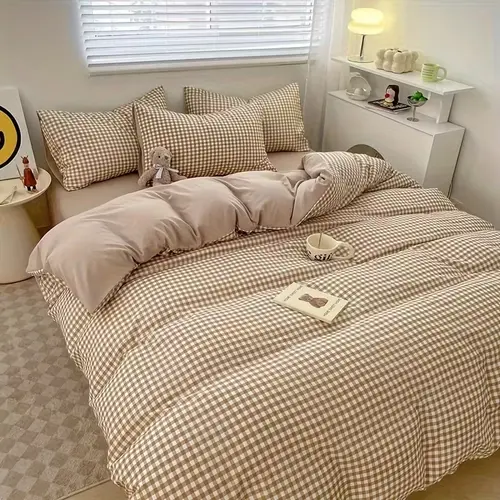 Minimalist Plaid Print Sheet Set, Soft Comfortable Bedding, Ideal for Bedroom & Guest Room Decor, 2/3 Piece Set, Printed Bedding Set, Soft Bedding Sets, Bed Sheets Set, Bedsheet Sets, Comfy Bedding Sets