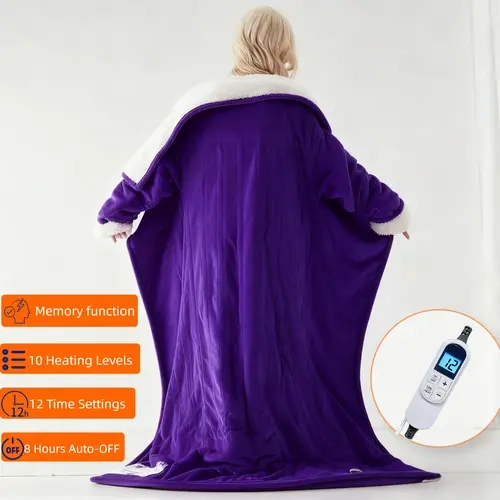 Cosybay Chrsitmas Throw Heated Wearable Blanket - Electric Robe with Foot Pocket, Sleeves, 10-Level Temperature Control, 1-12 Time Settings, 8h Auto-Off, Memory Function, 4-Layer Safety Safeguards, Christmas Red Sherpa, 50x70in for Camping, RV Use