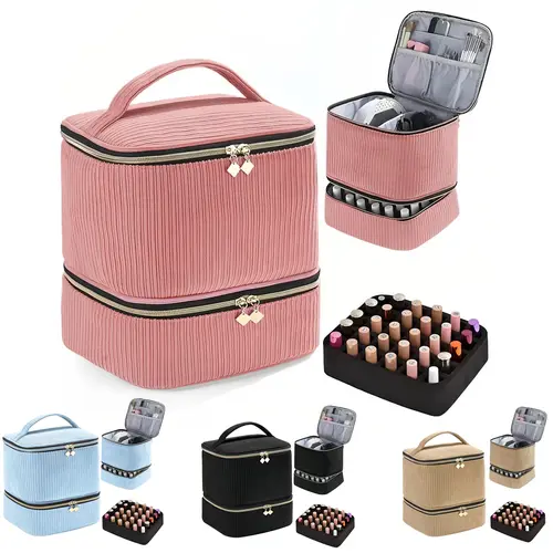 Professional Nail Polish Organizer Bag for Manicure Set Water Resistant Nylon Case Fits UV Lamp & Tools Portable Double Layer Makeup Train Case with Handle Travel Storage for Accessories & Jewelry. Sturdy & Lightweight Girlfriend Present Minimalist