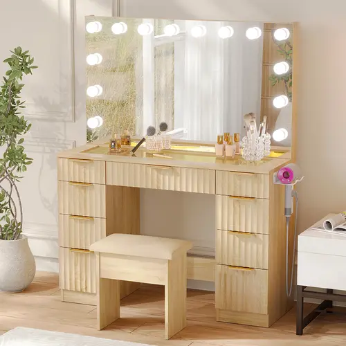 VOWNER Makeup Vanity Table with Full Mirror, 9 Storage Drawers & Glass Top, Wave Series, PowerOutlet Hair Dryer Rack Dressing Table