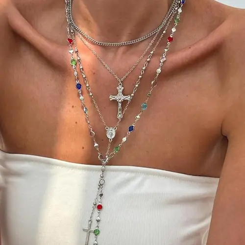 Vintage Cross Pendant Necklace Layered Set | Create Your Own Look with Y-Style Chains & Colorful Crystals | Bohemian Jewelry Gift for Women​
