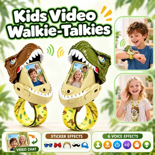 Vvinca Kids Video Walkie-Talkies 2-Pack - Dinosaur Wristbands, Long Range, Rechargeable 2-Way Video Chat Toys for 3-12 Year Olds, Colorful Durable, Indoor/Outdoor Cool Gifts for Kids, Electric Remote Control Toy,outdoorfun