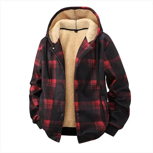 Men's Red and Black Plaid Fleece-Lined Hooded Plaid Print Coat - Fitted Athletic Casual Long Sleeve Colorblock Foldable Menswear Top, Functional and Stylish for Cool Weather