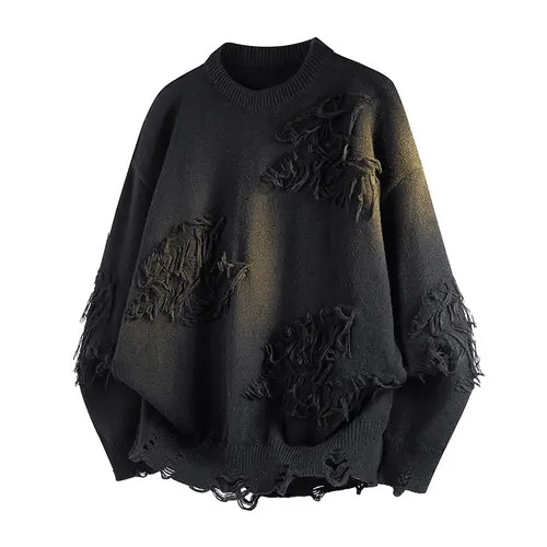 Men's Classic Oversized Long-Sleeve Knitwear Tops - Soft Round Neck, Polyester Fabric, Fringe Distressed, American Street Fashion Menswear for Everyday Outdoor Use