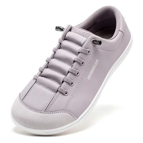 HOBIBEAR Women's Solid Durable Flat Lace Detail Athletic Sneakers - Wide-Toe Soft Leather, Rubber Outsole, All-Seasons Casual Shoes for Running, Fitness