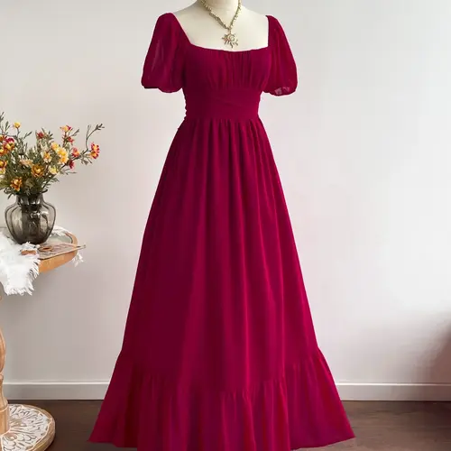 Women's Bohemian Style Dresses Vacation Boho Summer Holiday Elegant Chic Casual Waist-Tied Chiffon Woven Floral Long Short Sleeve Ruffle Hem Ruffled Dress, Womenswear, All Seasons Summer Fitted Style, Casual Wear, Lady