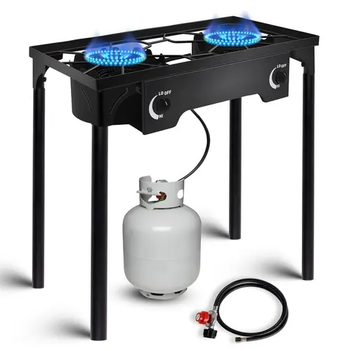 Dual Burners Portable Propane Gas Cooktop - 150000 BTU Output Weather-Resistant Camping Kitchenware, Outdoor Cooking Appliance with Removable Legs, Temperature Control Knobs for Backyard BBQ