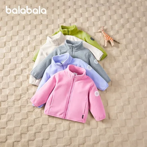 balabala Girls' Fleece Jacket 7 8 Years,10 11 Years, Casual Crew Neck, Medium Length Polyester Outerwear, Anti Static Full Zipper Long Sleeve, Family Matching, Fall Winter Daily Wear, Warm Fleece Hug, Warmth for Kids, Slight Stretch