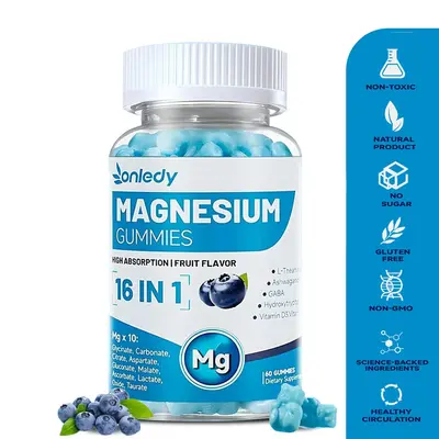 Onledy 16-in-1 Magnesium Complex Gummies with Magnesium Glycinate - Non-GMO Dietary Self-Care Supplements, Multi-Nutritional Minerals with L-Theanine, Ashwagandha, GABA, 5-HTP, Vitamin D3, B6, for Sleep Support, Stress Relief, Bone Health, 2 Gummies Daily