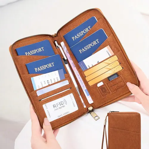 Large Family Passport Holder, RFID Blocking Passport Sleeve Holds Up to 5 Passports, Zipper Travel Document Wallet with Detachable Wrist Strap, Travel Ticket & Card Storage Bag, Ideal Valentine’s Day & Christmas Gift for Wife, Girlfriend