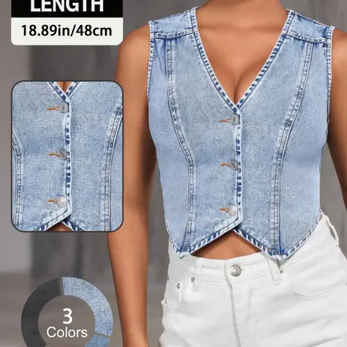 Women's Summer V-Neck Slim-Fit Denim Vest, Casual Fashion Solid Color Sleeveless Light Wash Waistcoat, Trendy Womenswear Sleeveless Clothing
