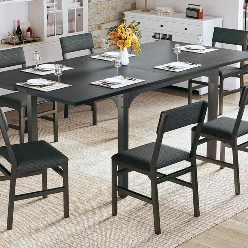 7-Piece Dining Table Set for 4-6, Extendable Kitchen Table Cushion Chairs Set of 6 with 6 Chairs, Rectangle Dining Table with Metal Frame & MDF Board, Folding for Small Apartment Saving Space, Black