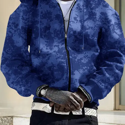 Men's Stylish Full-Zip Longsleeves Graphic Hoodie Sweatshirt - Tie-Dye Cross Print, Drawstring Hood, Kangaroo Pocket - Sporty Chic Menswear Top for Spring, Autumn Streetwear, Running Workouts