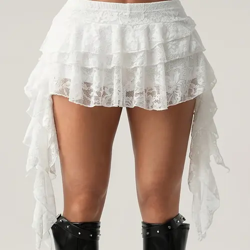 Sexy Low-Waist Lace Mini Skirt, Casual Ruffle-Hem Skirt with Safety Shorts, Women's Boho Style Bottom for Parties, Street Fashion Skirt