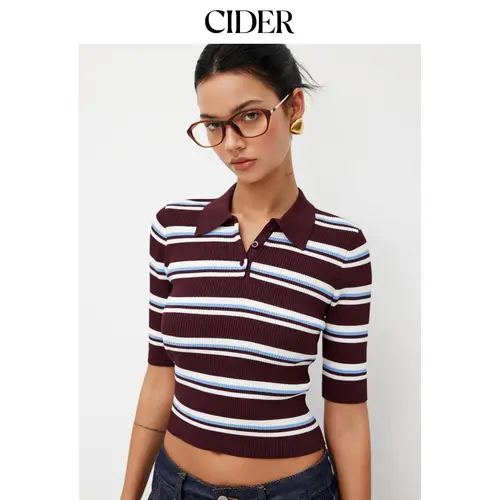 Cider Knit Collar Stripe Button Mid-length Sleeve Top SohoChic