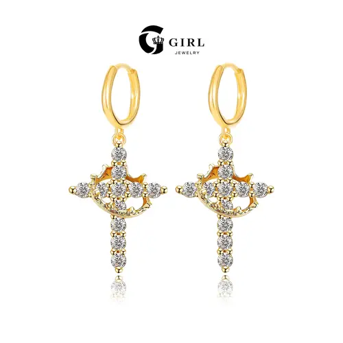 GGIRL 18K Gold Plated Crown Dainty Cross Earrings for Women, CZ Pendant Hypoallergenic Tarnish Proof Jewelry, Chic Polish Accessories Fashion Jewelry Gifts for Daily Summer Beach Parties Holiday Birthdays Anniversaries Back to School Various Occasions