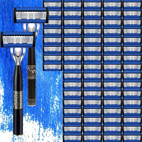 Men's Sleek Stylish Handle Razors - 2 Non-Slip Comfortable Handles, 72 Sharp Replaceable Stainless Steel Blades, No-Ouch Multi-Refill Antibacterial Shaving Tool for Men
