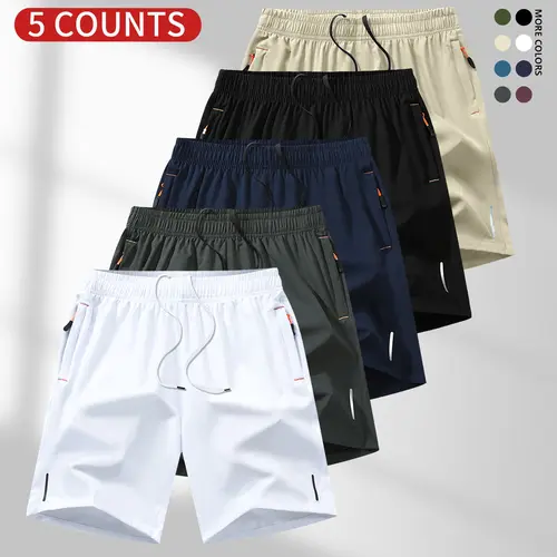 Men's Essential Shorts - Summer Breathable Comfortable 3-Quarter Activewear Men's Shorts with Zipper Pocket, 5-Pack 108-White+Gray+Navy Blue+Black+Khaki Plain Solid Color Casual Bottoms