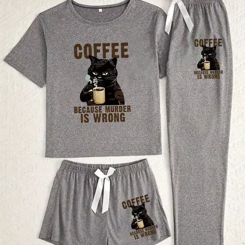 Women's Cartoon Cat Print Pajama Set, 3 Piece Sleepwear Collection, Casual Fitted Nightwear for All Seasons, Comfortable Lounge Wear, Loungewear