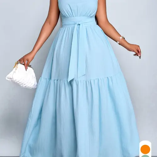 Elegant Solid Color Maxi Dress for Plus Size Women, Long Sleeveless Dress with Stand Collar and Waist Belt, All Seasons Fitted Chic Style, Summer Casual Wear Elegance Brunch Dress, Maxidresses