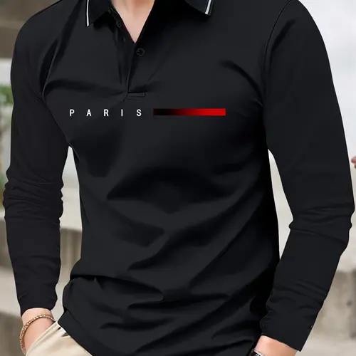 Men's Lightweight Spring & Autumn Long Sleeve Paris Letter Print Polo Shirt - Fashionable Vacation Casual Sports Outing Collared Top for Work & Golf, Perfect Gift for Boyfriend or Husband - Holiday Style Menswear Festive Stylish T-Shirt Thin Clothes