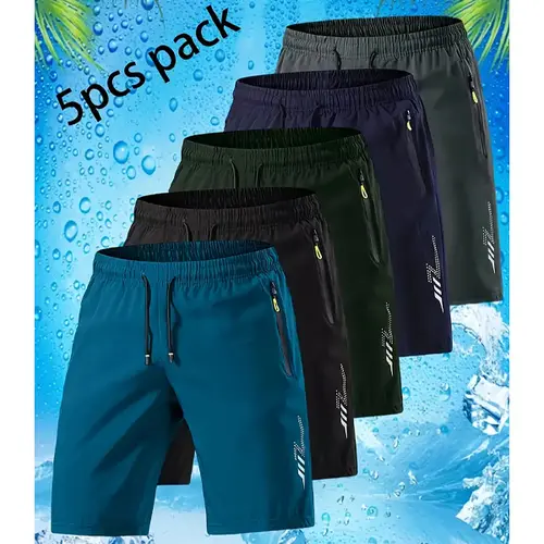 Men’s 5-Piece Mixed-Color Quick-Dry Shorts Set - Lightweight Ice Cool Fabric, Loose-Fitted Breathable, Zipper Pocket Activewear Bottoms for Gym, Beach (Navy Blue, Dark Blue, Black, Teal Green, Gray), Beach Men's Shorts