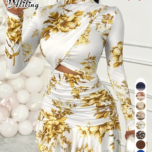 Aliling Women's Elegant Chic Aesthetic Floral Print Dress with Stand Collar, Long-Sleeve Hollow-Out Design and Ruffled Hem, Fall Fashion Mini Dress for Parties Womenswear