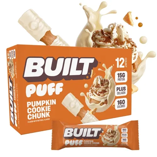 BUILT Bar Puff Protein Bar, Pumpkin Cookie Chunk, Protein Packed Snack, Collagen, 160 calories, Not Gluten Free, 12 Count Box