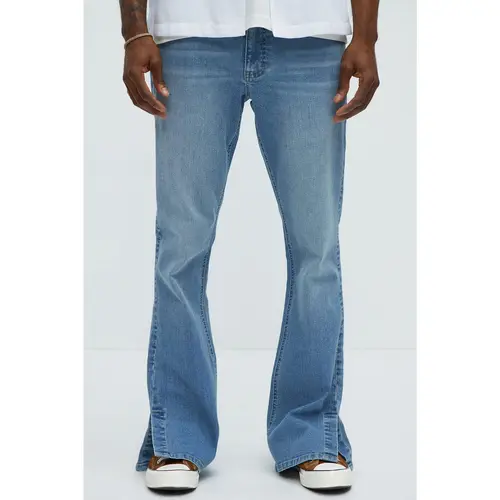 Upstanding Slit Stacked Slim Flare Jeans - Light Blue Wash