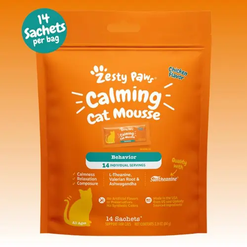 Zesty Paws Calming Cat Mousse - 14 Sachets per Bag with Suntheanine for Calmness Relaxation and Composure in Chicken Flavor Treats Supplements