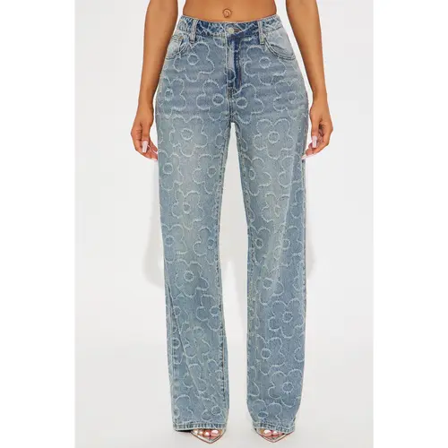 Flower Power Jacquard Wide Leg Jeans - Medium Wash