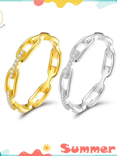 EOM 14K Gold Plated Moissanite Waterproof Hip Hop Unisex Chained Ring Silver-Plated Jewelry Perfect Birthday Engagement Wedding Anniversary Gift for Men Women