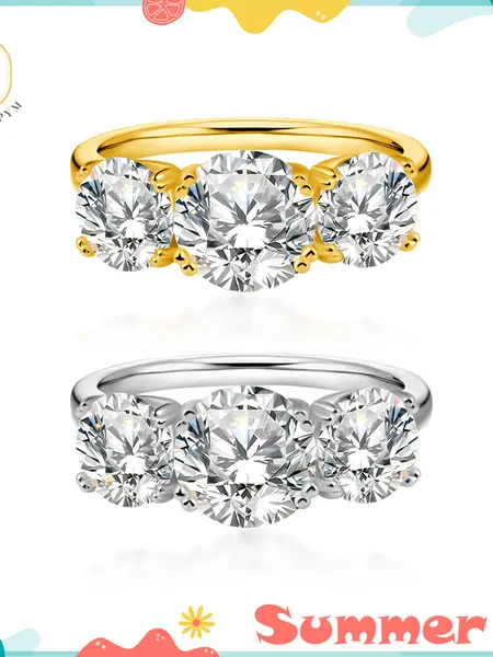 EOM 18K Gold Plated Waterproof 2ct-4ct Moissanite Three Stone Prong Engagement Ring Silver-Plated Band Jewelry Perfect Birthday Engagement Wedding Anniversary Gift Christmas Thanksgiving Valentine's Day