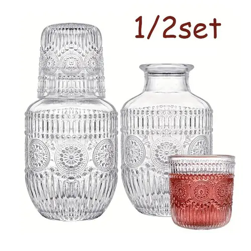 Glass Bedside Water Bottle and Cup Set with Lid, Elegant Glass for Bedroom, Guest Room, Office or Bathroom, Gift Idea, Drinking Glasses, Drinking Glassware