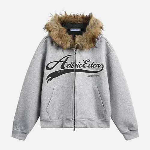 Aelfric Eden Menswear Unisex Long Sleeve Boxy Zip-Up Hoodie with Faux Fur Collar, Casual Oversized Y2K Heavyweight Fabric Tops, Streetwear Sweatshirt