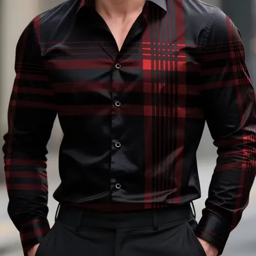 Men's Vintage Plaid Checked Long Sleeve Fitted Casual Collared Button Up Shirt, Chic Fit Casual, Menswear, Classic Fashion Office Casual Workwear for Dad & Son, Comfortable Retro Style Cs58110