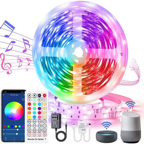 10-15, 20-30, 60-meter smart LED light strip, music synchronization color change function, suitable for living room TV background, Douyin party scene, Google Home linkage (including remote control, voice control and APP control)