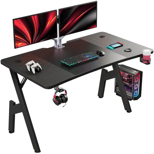 Ecofurnix A-Frame Gaming Desk - 47/57-Inch Waterproof Carbon Fibre Wood Computer Desk, Black Tech-Inspired Design, Easy Assembly, Stable Construction, Headphone Hook & Cup Holder, Gamer Stuff,dorm essentials,home decor