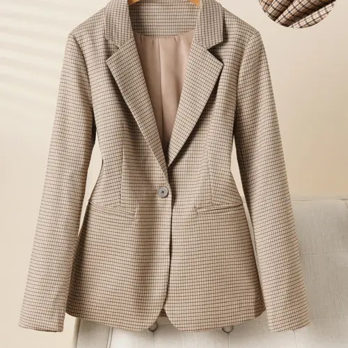 Women's Plaid Lapel Neckline Button Front Blazer Jacket, Business Style Jacket, Spring & Fall Fashion Long Sleeve Office Wear, Casual Elegant Outerwear for Women, Business Attire Clothes