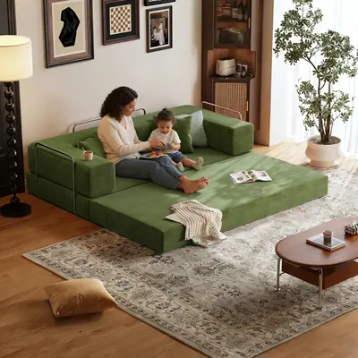 【LODEIJA】80.3" Oversized Boneless Couch,5-in-1 Convertible Sleeper Sofa Bed,Fully Foam-Padded,Removable Armrests,Deep-Seat Corduroy Modular Floor Sofa,Foldable Pull-Out Living Room Mattress Sofa,No Assembly Required,Comes with Two Pillows