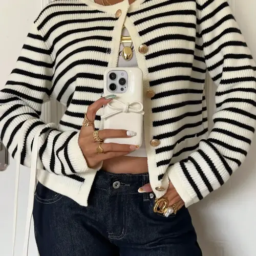 New Women's Knitted Sweater, Fall Winter Fashion, Drop Shoulder Button Front Cardigan, Striped Long Sleeve Top, Ladies Casual Everyday Wear