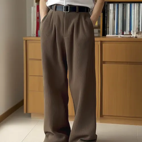 Men's Solid Color Corduroy Pants Loose Fit Straight Leg Side Pocket Ribbed Elastic Waist Dress Pants Soft Casual Fall Winter Daily Lounge Pants Outdoor Textured Trousers, Casual Comfy Trouser