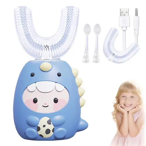 Children's U-shaped electric toothbrush, equipped with 4 brush heads, 360° vibrating automatic toothbrush, featuring 3 cleaning modes, IPX7 level waterproof design, with cartoon dinosaur style. Whitening Adjustable,SpringStatements