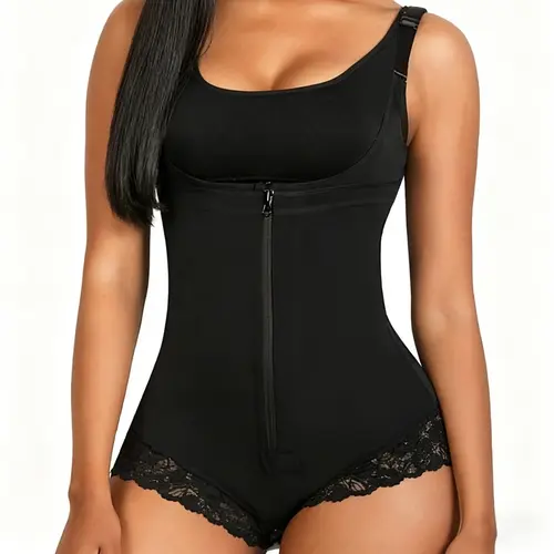 Eomenie Women's Colombian Lace Shapewear Bodysuit with Adjustable Bra & Straps - High Compression, Postpartum Tummy Control, Butt Lifter, Zipper Crotch, Elegant for Wedding, Birthday, Everyday Wear
