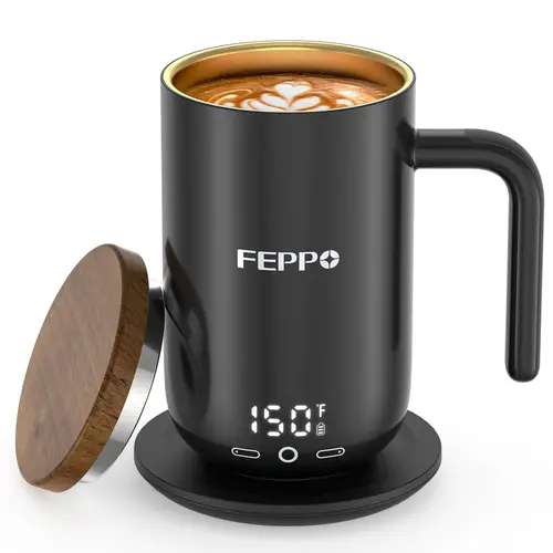 FEPPO Self-Heating Thermal Coffee Mug with Lid, 17oz Smart Automatic 5°F Precision Control Mug, Titanium Coating, Real-Time Digital Display, 2600mAh Battery & Charging Base, Great Gift for Warm Coffee/Tea/Cocoa Enthusiasts, Auto Shut-Off, Modern