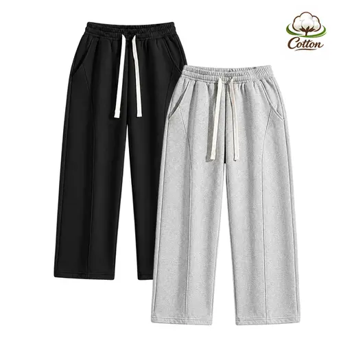 Men's 2-Piece Athleisure Pants - Thick Patchwork Cotton Unisex Loose Straight-Leg Outdoor Cute Preppy Drawstring Sweatpants with Belted Drawcord, Machine Washable, All-Season Casual Bottoms, Drawstring Sweatpants Men's Pants