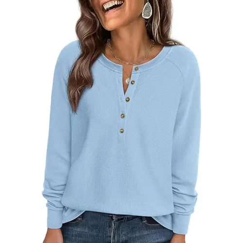 PrettyGarden Women's Button Up Waffle Top Long Sleeve Knit Shirts Fall Casual Henley V Neck Tunic Tops Loose Fit Basic Tees