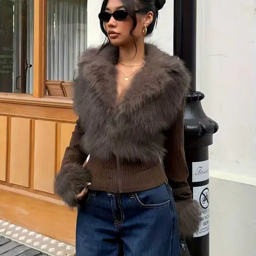 Women's Street Style Womenswear Lady Patchwork Knitted Faux Fur Outerwear Jacket, Casual Wear Fitted Zip-Up Striped Long Sleeve Jacket with Thick Fabric for Fall & Winter Coats Patchwork Zipper Outerwear Fashion Casual Outerwear