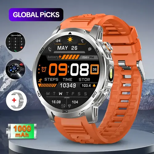 MEVADEN 1.85-Inch Screen Men's Smart Watch, BT, Answer/Make Call Message Reminder, 100+ Sports Modes Fitness Tracker, Sports Tracking Smartwatch, 1000mAh Battery, Outdoor Sports LED Flashlight Smartwatch, Steel Case, Android & iOS Compatible